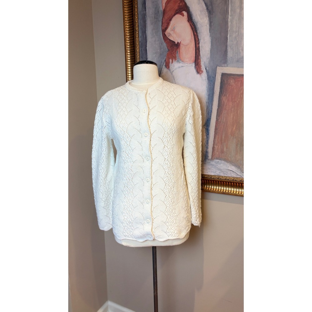 Vintage Pure Gould Cream Pointelle Knit Cardigan Sweater Wintuk Orlon Medium